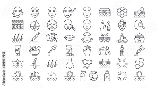 Quadro su tela Collection of black line icons related to skincare and beauty products on white