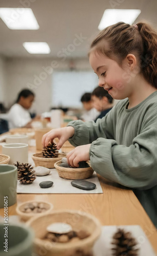 A young girl with Down syndrome engaged in a creative sensory classroom activity with pinecones and smooth stones at a wooden table