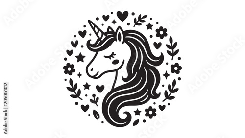 Cute unicorn vector silhouette portrait with beautiful floral stars circle border for kids design