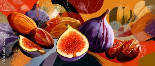 Abstract illustration of fresh figs and dried dates. Colorful graphic art with autumn fruits and botanical elements. Modern textured background