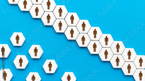 Group of people icons arranged hexagonally on blue background forming patterns