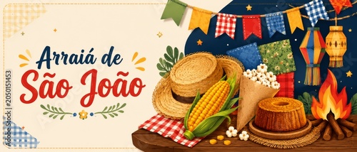 Festa Junina party banner with Portuguese text Arraiá de São João meaning Saint John fair, corn, straw hats, flags, lanterns, bonfire, cake, popcorn, beige background for cultural marketing use
