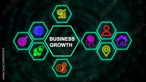 Business Growth Technology Network Concept with Neon Hexagon Icons, Digital Business Interface Background.4k video