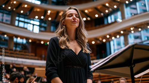 Soprano soloist stands at center stage in an empty concert hall during a technical rehearsal, conductor visible in the pit below, music score open on the stand, acoustic panels curving above the sta