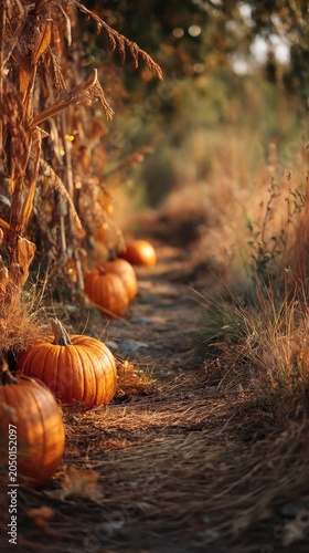 Autumn Pumpkin Patch Pathway with Dry Corn Stalks