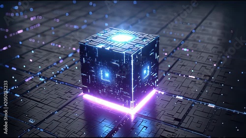 Illuminated digital cube displaying circuit patterns and emitting neon light on technological surface