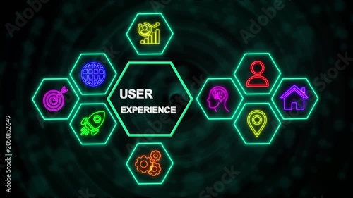 User Experience Technology Network Concept with Neon Hexagon Icons, Digital Business Interface Background.4k video