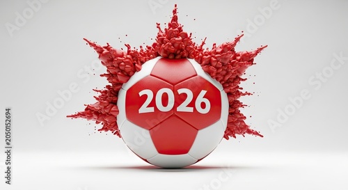 Red and White Soccer Ball with 2026 Text and Red Liquid Explosion on Light Grey Background