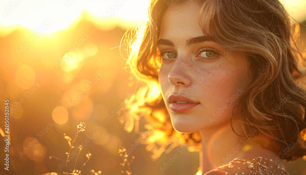 Fototapeta premium Portrait of curly-haired woman at golden hour
