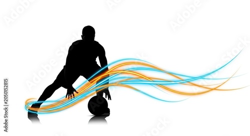 Silhouette of Male Basketball Player Dribbling Ball with Orange and Blue Light Trails on White