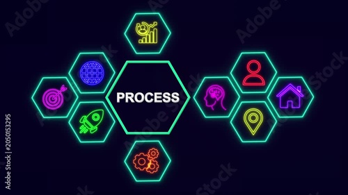 Process Technology Network Concept with Neon Hexagon Icons, Digital Business Interface Background.4k video