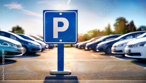parking area designated spot with a blue sign and white p indicating available parking for vehicles with cars lined up in the background
