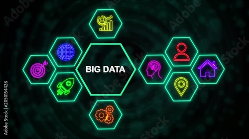 Big Data Technology Network Concept with Neon Hexagon Icons, Digital Business Interface Background.4k video
