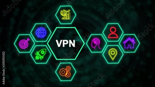 V P N Technology Network Concept with Neon Hexagon Icons, Digital Business Interface Background.4k video