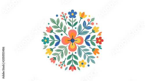 Schilderij op canvas Vibrant Folk Art Floral Mandala Design on White Background, Scandinavian Style