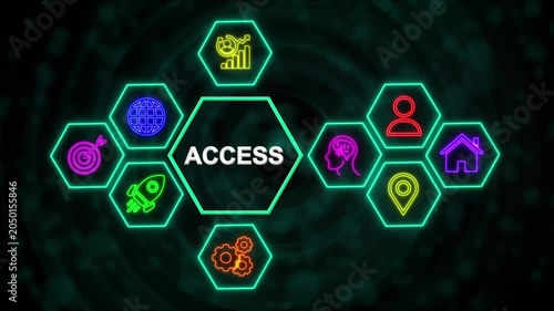 Access Technology Network Concept with Neon Hexagon Icons, Digital Business Interface Background.4k video