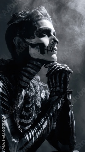 Man with Skeleton Makeup in Dramatic Black and White