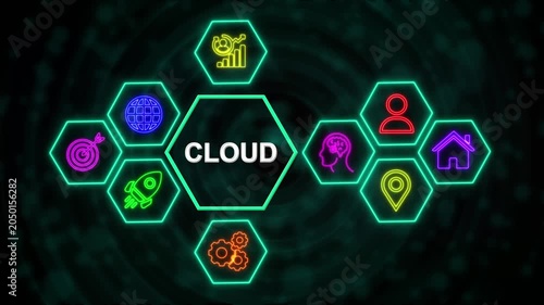 Cloud Technology Network Concept with Neon Hexagon Icons, Digital Business Interface Background.4k video