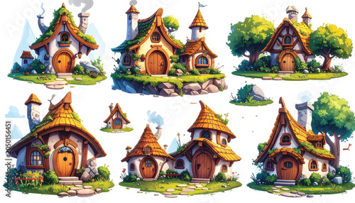 Whimsical Fantasy Houses with Orange Roofs.