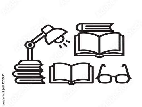 Reading and Study Icon Set with Books Glasses and Lamp Line Art Illustration