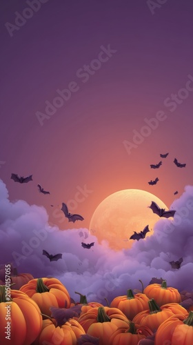 Halloween Pumpkin Field with Flying Bats and Full Moon