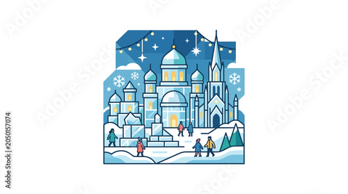 Schilderij op canvas Winter Cityscape Ice Festival Celebration with Snowflakes and Lights
