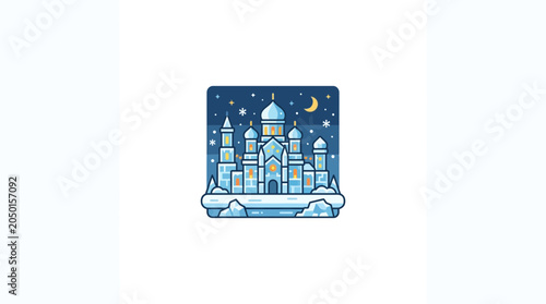 Foto Winter Cityscape Illustration: Snowy Palace and Night Sky