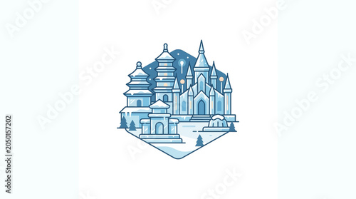 Slika na platnu Winter Palace Cityscape: Ice Castle and Pagoda in Snow