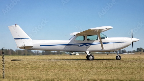 cessna. A white Cessna airplane with blue stripes parked on an empty grass airfield. mobility guides, transit brochures, designed for transport & logistics marketing, used by data scientists.