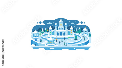 Canvas Print Winter Wonderland: Fairytale Castle and Snowy Landscape with People