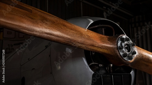 monoplane. The wooden propeller of a vintage monoplane in a quiet hangar. mobility guides, transit brochures, designed for mobility and urban transit guides, improves user orientation.