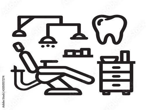 Dental Clinic Equipment and Tools Line Art Illustration for Medical Background