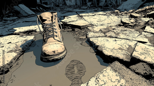 Single boot and footprint in ruined urban landscape illustration