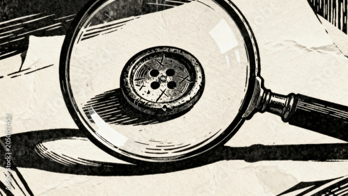 Magnifying glass inspecting lost button clue in detective illustration