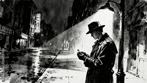 Lone police detective standing beneath a streetlamp, examining a single piece of evidence
