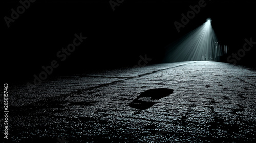 Single footprint illuminated by streetlight on dark empty road