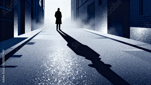 Mysterious silhouette casting long shadow in foggy urban alley
