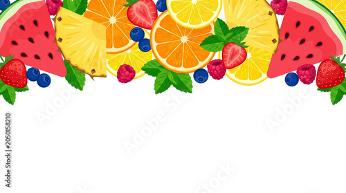 Colorful Summer Fruit Border with Copy Space on White Background