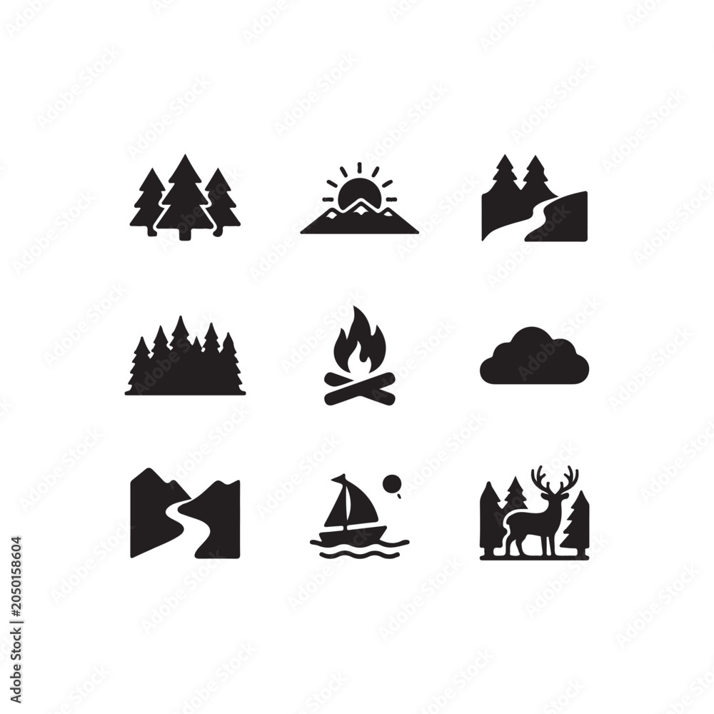 Fototapeta premium Black silhouettes of nature and outdoor activities icons set mountains trees fire camp deer