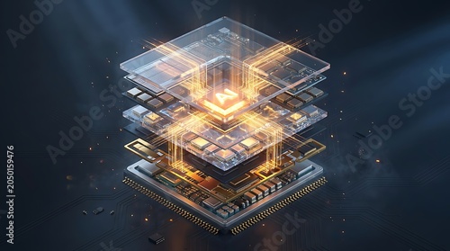 Exploded view of an advanced artificial intelligence microchip showing complex internal circuit layers and glowing technological architecture