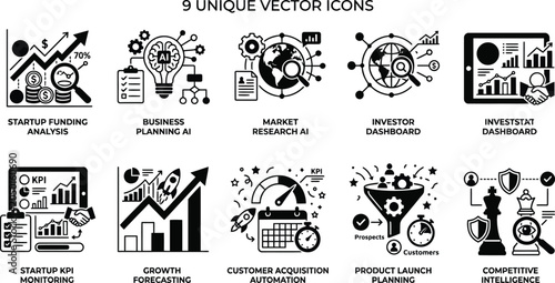 Foto Nine Business Vector Icons With Circular And Geometric Elements Silhouette