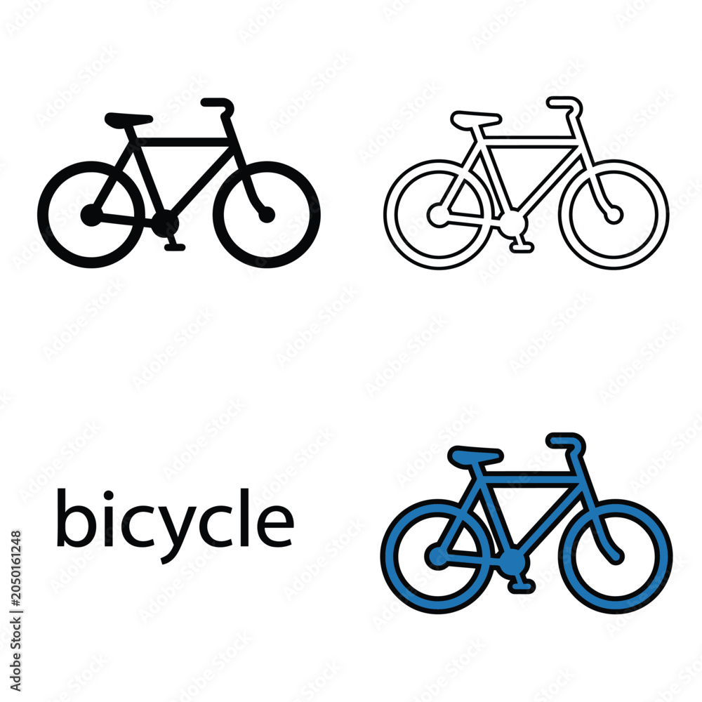 Fototapeta premium Bicycle transportation vehicle vector set with solid outline and flat style on transparent background.