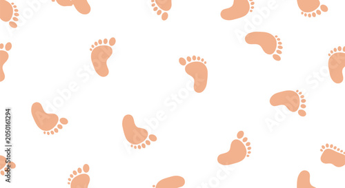 Fényképezés Seamless pattern of baby footprints, small adorable peach colored foot imprints on white background, sweet and innocent design