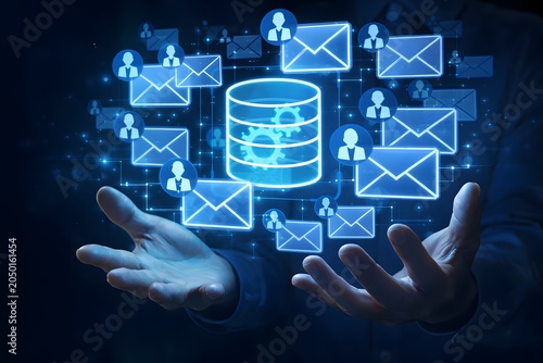 Database email. Automated mail delivery from a server. Businessperson holding mail and database icons.