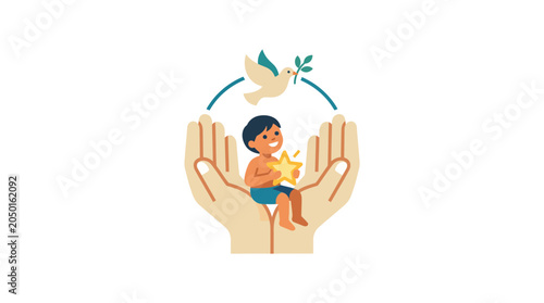 Foto Child sitting on hands holding star, dove of peace overhead, symbolizing hope an