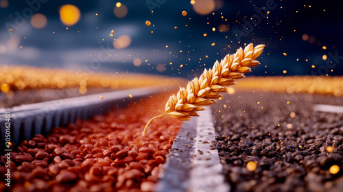 A magical vision of premium agriculture. This glowing golden wheat ear and flying seeds create a dynamic harvest background.