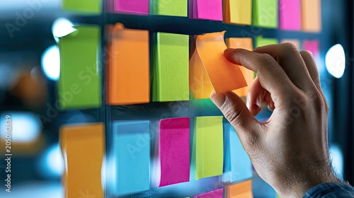 A hand places an orange sticky note on a wall of colorful notes