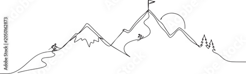 Continuous one line drawing of mountain landscape. High mounts peak lineart drawing vector design. Adventure, winter sports, hiking and tourism concept. one line Icon drawing. Editable stroke
