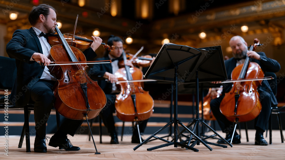 Fototapeta premium String quartet in formal attire rehearses inside an ornate gilded concert hall during afternoon light, music stands casting thin shadows across the parquet floor, a conductor in street clothes marki