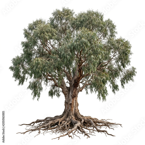 Mature eucalyptus tree with long hanging leaves, textured bark, full root base, isolated on white background